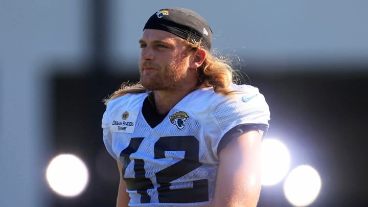 Jacksonville Jaguars safety Andrew Wingard (42) looks on during training camp Monday, Aug. 7, 2023 at Miller Electric Center at EverBank Stadium in Jacksonville, Fla. This was the 11th day of training camp.