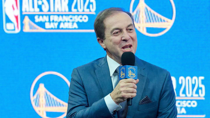 Nov 6, 2023; San Francisco, CA, USA; Golden State Warriors co-executive chairman and CEO Joe Lacob speaks during a press conference to announce the Golden State Warriors and San Francisco Bay Area selection to host the 2025 NBA All-Star Game at Chase Center. 