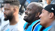 Sep 21, 2025; Charlotte, North Carolina, USA; Carolina Panthers offensive tackle Taylor Moton (72) on the sidelines in the fourth quarter at Bank of America Stadium.