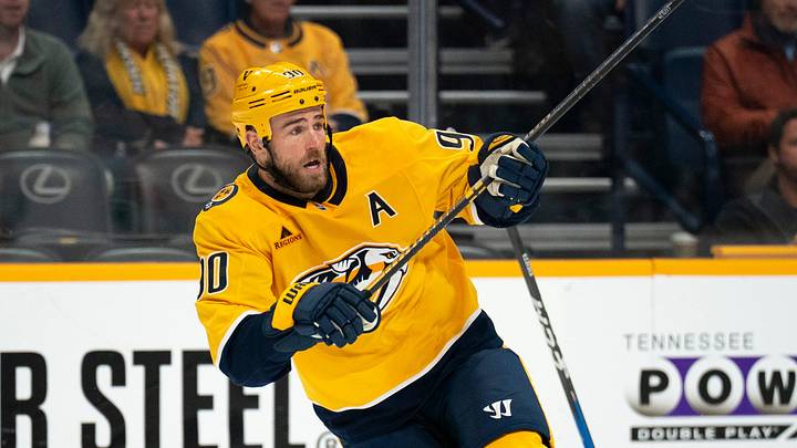Nashville center Ryan O'Reilly (90) and Nashville left wing Filip Forsberg (9) collect themselves on offense against Tampa Bay during their game at Bridgestone Arena in Nashville, Tenn., Tuesday, Oct. 28, 2025. Nashville center Ryan O'Reilly (90) and Nashville left wing Filip Forsberg (9) collect themselves on offense against Tampa Bay during their game at Bridgestone Arena in Nashville, Tenn., Tuesday, Oct. 28, 2025.