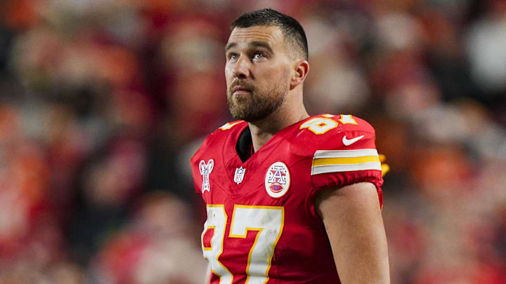 Dec 25, 2025; Kansas City, Missouri, USA; Kansas City Chiefs tight end Travis Kelce (87) reacts during the second half against the Denver Broncos at GEHA Field at Arrowhead Stadium. Mandatory Credit: Jay Biggerstaff-Imagn Images