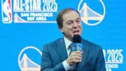 Nov 6, 2023; San Francisco, CA, USA; Golden State Warriors co-executive chairman and CEO Joe Lacob speaks during a press conference to announce the Golden State Warriors and San Francisco Bay Area selection to host the 2025 NBA All-Star Game at Chase Center. Mandatory Credit: Robert Edwards-USA TODAY Sports