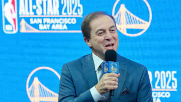 Nov 6, 2023; San Francisco, CA, USA; Golden State Warriors co-executive chairman and CEO Joe Lacob speaks during a press conference to announce the Golden State Warriors and San Francisco Bay Area selection to host the 2025 NBA All-Star Game at Chase Center. Mandatory Credit: Robert Edwards-USA TODAY Sports