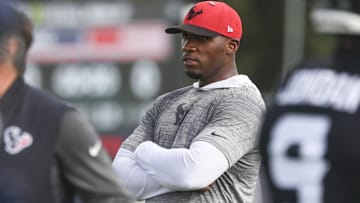 Houston Texans head coach DeMeco Ryans watches during training camp at Houston Methodist Training Center.
