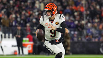 Nov 27, 2025; Baltimore, Maryland, USA; Cincinnati Bengals quarterback Joe Burrow (9) drops back to pass against the Baltimore Ravens during the first half at M&T Bank Stadium.