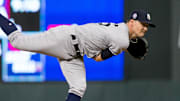 Sep 11, 2018; Minneapolis, MN, USA; New York Yankees starting pitcher Sonny Gray (55) pitches in the third inning against Minnesota Twins at Target Field. Mandatory Credit: Brad Rempel-Imagn Images