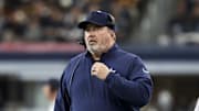 Jan 5, 2025; Arlington, Texas, USA;  Dallas Cowboys head coach Mike McCarthy looks on during the first half against the Washington Commanders at AT&T Stadium.