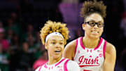 Notre Dame guard Hannah Hidalgo (3) and guard Olivia Miles (5) celebrate a three point shot made by Hidalgo during a NCAA women's basketball game between No. 3 Notre Dame and No. 21 California at Purcell Pavilion on Sunday, Feb. 9, 2025, in South Bend.