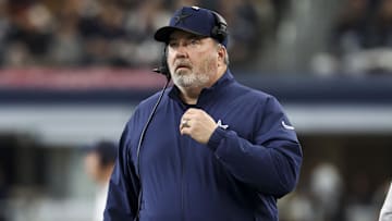 Jan 5, 2025; Arlington, Texas, USA;  Dallas Cowboys head coach Mike McCarthy looks on during the first half against the Washington Commanders at AT&T Stadium. Mandatory Credit: Kevin Jairaj-Imagn Images