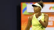 Naomi Osaka reacts after winning the first set against Liudmila Samsonova.