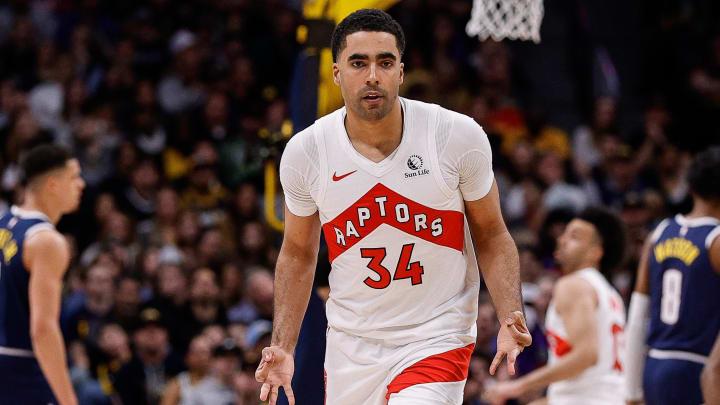 Mar 11, 2024; Denver, Colorado, USA; Toronto Raptors center Jontay Porter (34) reacts after a play in the third quarter against the Denver Nuggets at Ball Arena. Mandatory Credit: Isaiah J. Downing-USA TODAY Sports