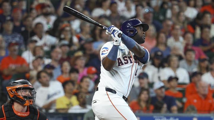 Jun 22, 2024; Houston, Texas, USA; Houston Astros designated hitter Yordan Alvarez (44) hits a home run during the third inning against the Baltimore Orioles at Minute Maid Park. 