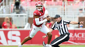 Aug 30, 2025; Fayetteville, Arkansas, USA; Arkansas Razorbacks quarterback Taylen Green (10) rushes int he first quarter against the Alabama A&M Bulldogs at Donald W. Reynolds Razorback Stadium. Mandatory Credit: Nelson Chenault-Imagn Images