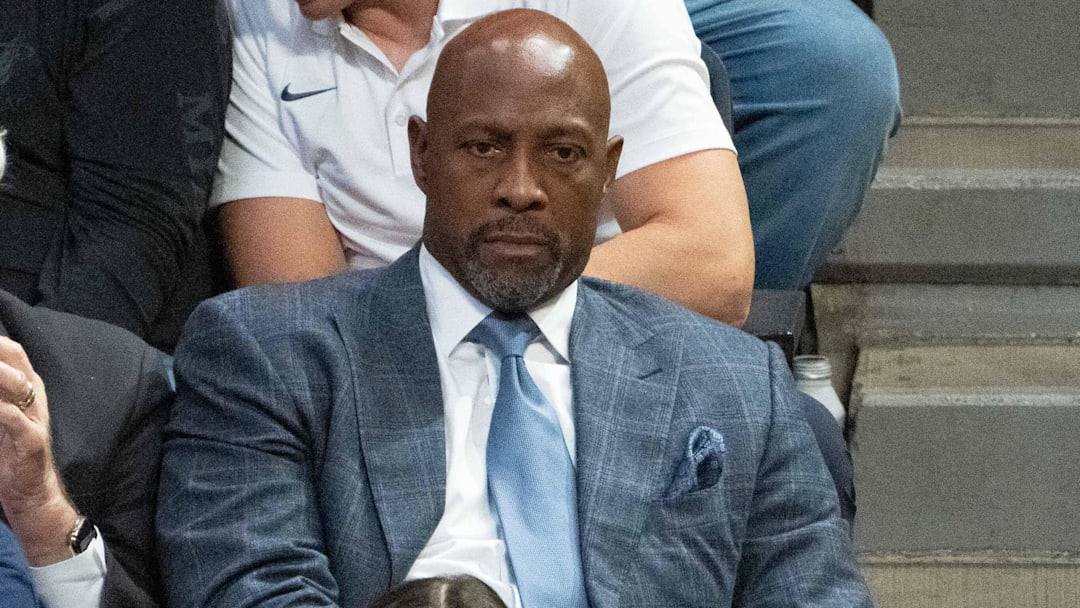 June 1, 2023; Denver, CO, USA; Miami Heat vice president of player programs and development Alonzo Mourning during the fourth quarter in game one of the 2023 NBA Finals against the Denver Nuggets at Ball Arena. Mandatory Credit: Kyle Terada-Imagn Images