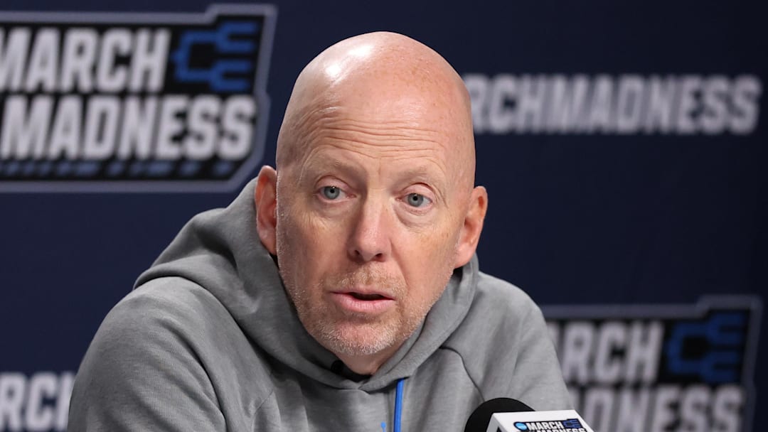 Mar 19, 2026; Philadelphia, PA, USA; UCLA Bruins head coach Mick Cronin speaks with the media before a practice session ahead of the first round of the men's 2026 NCAA Tournament at Xfinity Mobile Arena. Mandatory Credit: Bill Streicher-Imagn Images