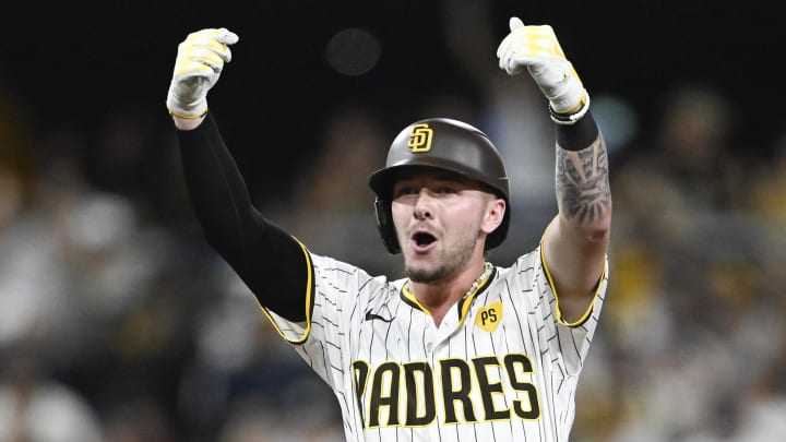 Aug 19, 2024; San Diego, California, USA; San Diego Padres center fielder Jackson Merrill (3) celebrates after hitting an RBI double during the third inning against the Minnesota Twins at Petco Park. Mandatory Credit: Denis Poroy-USA TODAY Sports