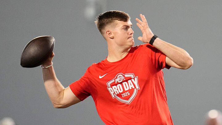 Ohio State quarterback Will Howard throws at Pro Day. Ohio State quarterback Will Howard throws at Pro Day.