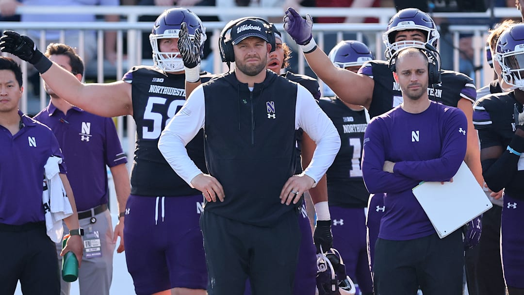 Head coach David Braun of the Northwestern Wildcats looks on against the Indiana Hoosiers during the first half at Martin Stadium on October 05, 2024 in Evanston, Illinois Head coach David Braun of the Northwestern Wildcats looks on against the Indiana Hoosiers during the first half at Martin Stadium on October 05, 2024 in Evanston, Illinois