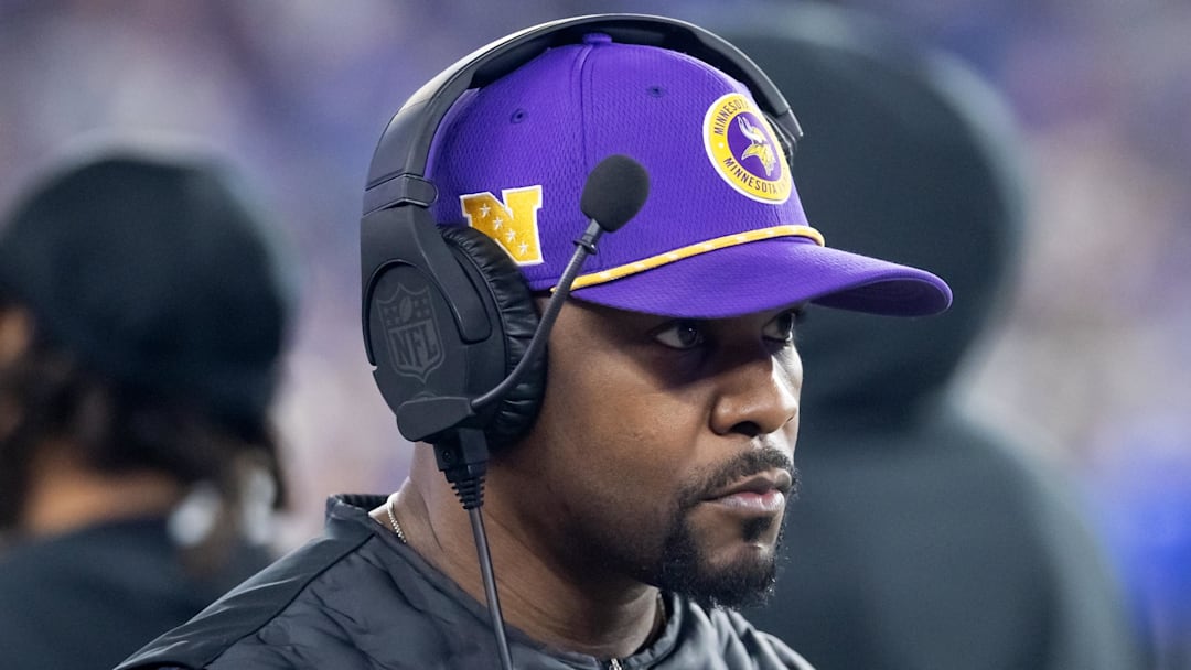Jan 13, 2025; Glendale, AZ, USA; Minnesota Vikings defensive coordinator Brian Flores against the Los Angeles Rams during an NFC wild card game at State Farm Stadium. Mandatory Credit: Mark J. Rebilas-Imagn Images