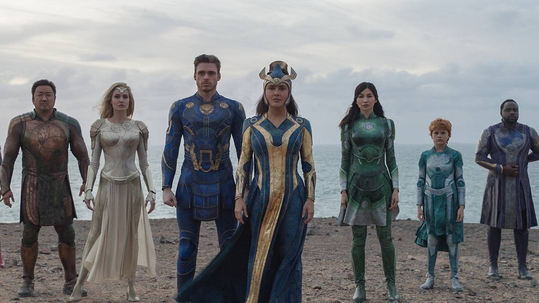 (L-R): Gilgamesh (Don Lee), Thena (Angelina Jolie), Ikaris (Richard Madden), Ajak (Salma Hayek), Sersi (Gemma Chan), Sprite (Lia McHugh), Phastos (Brian Tyree Henry) in Marvel Studios' ETERNALS