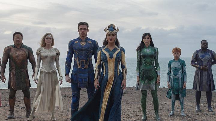 (L-R): Gilgamesh (Don Lee), Thena (Angelina Jolie), Ikaris (Richard Madden), Ajak (Salma Hayek), Sersi (Gemma Chan), Sprite (Lia McHugh), Phastos (Brian Tyree Henry) in Marvel Studios' ETERNALS