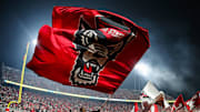 Nov 21, 2025; Raleigh, North Carolina, USA;  NC State Wolfpack cheerleader celebrates a touchdown during the second half of the game against Florida State Seminoles at Carter-Finley Stadium. Mandatory Credit: Jaylynn Nash-Imagn Images