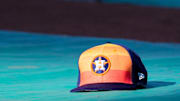Apr 9, 2024; Kansas City, Missouri, USA; A general view of Houston Astros second base Jose Altuve (27) hat on the field during batting practice prior to a game against the Kansas City Royals at Kauffman Stadium. 