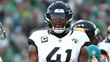 Nov 3, 2024; Philadelphia, Pennsylvania, USA; Jacksonville Jaguars defensive end Josh Hines-Allen (41) against the Philadelphia Eagles at Lincoln Financial Field. Mandatory Credit: Eric Hartline-Imagn Images