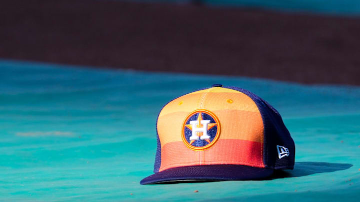 Apr 9, 2024; Kansas City, Missouri, USA; A general view of Houston Astros second base Jose Altuve (27) hat on the field during batting practice prior to a game against the Kansas City Royals at Kauffman Stadium. Mandatory Credit: Denny Medley-Imagn Images Apr 9, 2024; Kansas City, Missouri, USA; A general view of Houston Astros second base Jose Altuve (27) hat on the field during batting practice prior to a game against the Kansas City Royals at Kauffman Stadium. Mandatory Credit: Denny Medley-Imagn Images