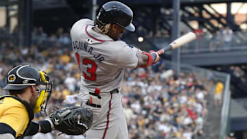  Atlanta Braves right fielder Ronald Acuna Jr. (13) hits a single against the Pittsburgh Pirates during the fourth inning at PNC Park.