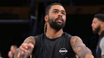 Nov 28, 2025; Los Angeles, California, USA;  Dallas Mavericks guard D'Angelo Russell (5) warms up prior to the game against the Los Angeles Lakers at Crypto.com Arena. Mandatory Credit: Jayne Kamin-Oncea-Imagn Images