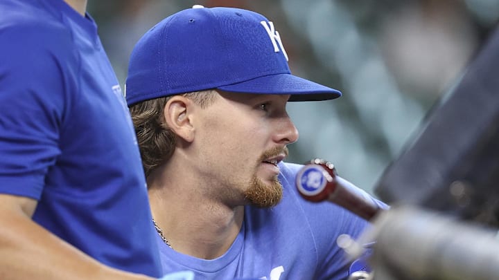 Aug 31, 2024; Houston, Texas, USA; Kansas City Royals shortstop Bobby Witt Jr. (7) watches during batting practice before the game against the Houston Astros at Minute Maid Park. Mandatory Credit: Troy Taormina-Imagn Images