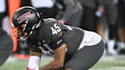 Nov 17, 2023; Pullman, Washington, USA; Washington State Cougars defensive end Raam Stevenson (45) lines up for a play against the Colorado Buffaloes in the second half at Gesa Field at Martin Stadium. Mandatory Credit: James Snook-Imagn Images