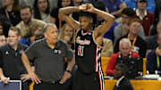 Apr 5, 2025; San Antonio, TX, USA; Houston Cougars head coach Kelvin Sampson talks with forward Joseph Tugler (11).