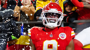 Jan 26, 2025; Kansas City, MO, USA; Kansas City Chiefs wide receiver JuJu Smith-Schuster (9) celebrates with fans after a touchdown against the Buffalo Bills during the first half in the AFC Championship game at GEHA Field at Arrowhead Stadium. Mandatory Credit: Mark J. Rebilas-Imagn Images