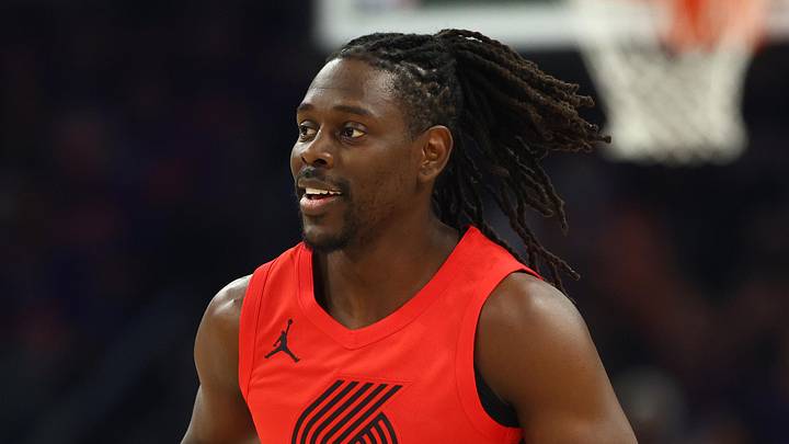 Apr 14, 2026; Phoenix, Arizona, USA; Portland Trail Blazers guard Jrue Holiday (5) reacts against the Phoenix Suns in the first half during the play-in rounds of the 2026 NBA Playoffs at Mortgage Matchup Center. Mandatory Credit: Mark J. Rebilas-Imagn Images
