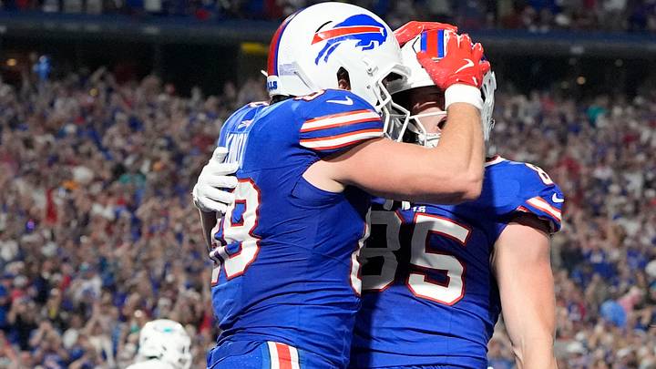 Sep 18, 2025; Orchard Park, New York, USA; Buffalo Bills tight end Jackson Hawes (85) celebrates with tight end Dawson Knox (88) after scoring a touchdown against the Miami Dolphins in the second quarter at Highmark Stadium. Mandatory Credit: Gregory Fisher-Imagn Images