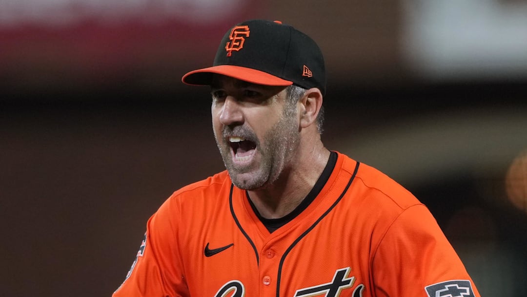 Sep 12, 2025; San Francisco, California, USA; San Francisco Giants starting pitcher Justin Verlander (35) reacts after an out call was upheld against the Los Angeles Dodgers during the fourth inning at Oracle Park.