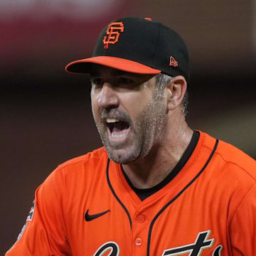 Sep 12, 2025; San Francisco, California, USA; San Francisco Giants starting pitcher Justin Verlander (35) reacts after an out call was upheld against the Los Angeles Dodgers during the fourth inning at Oracle Park.