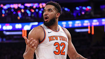 Jan 1, 2025; New York, New York, USA; New York Knicks center Karl-Anthony Towns (32) reacts during the second half against the Utah Jazz at Madison Square Garden. Mandatory Credit: Vincent Carchietta-Imagn Images