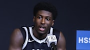 Sep 23, 2025; Brooklyn, NY, USA;  Brooklyn Nets guard Drake Powell (4) speaks at Media Day. Mandatory Credit: Wendell Cruz-Imagn Images