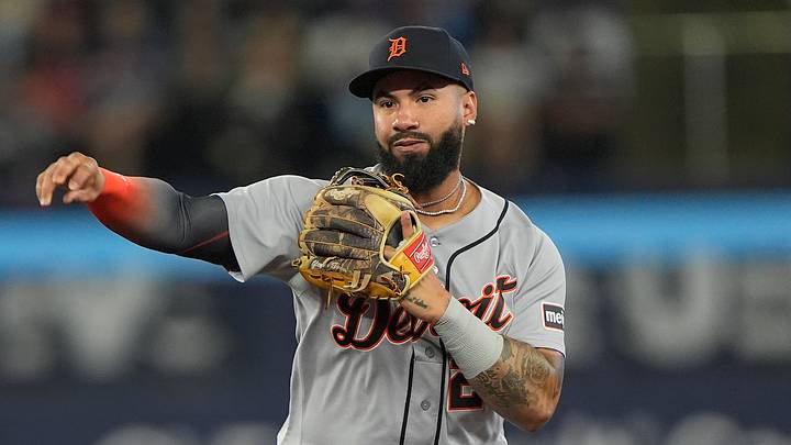 Sep 14, 2026; Toronto, Ontario, CAN;  Detroit Tigers second baseman Gleyber Torres (25) throws to first base to put out Toronto Blue Jays shortstop Andres Gimenez (not pictured) at first base during the fifth inning at Rogers Centre.  Mandatory Credit: John E. Sokolowski-Imagn Images