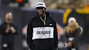 Nov 22, 2025; Boulder, Colorado, USA; Colorado Buffaloes head coach Deion Sanders before the game against the Arizona State Sun Devils at Folsom Field. Mandatory Credit: Ron Chenoy-Imagn Images