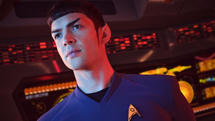 Pictured: Ethan Peck as Spock of the Paramount+ original series STAR TREK: STRANGE NEW WORLDS. Photo Cr: James Dimmock/Paramount+ ©2022 CBS Studios Inc. All Rights Reserved.