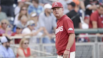Jun 28, 2018; Omaha, NE, USA; Arkansas Razorbacks head coach Dave Van Horn walks off the field during the third inning against the Oregon State Beavers in game three of the championship series of the College World Series at TD Ameritrade Park. Mandatory Credit: Steven Branscombe-Imagn Images
