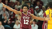 Mississippi State Bulldogs guard Josh Hubbard (12) reacts against the LSU Tigers during the second half at Humphrey Coliseum.