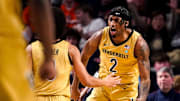 Vanderbilt guard MJ Collins Jr. (2) celebrates a basket against Auburn during the first half at Memorial Gym in Nashville, Tenn., Tuesday, Feb. 11, 2025.