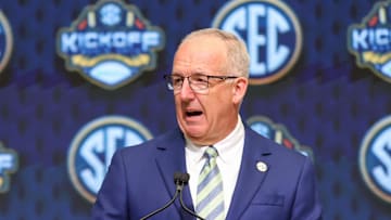 Jul 16, 2025; Atlanta, GA, USA; SEC commissioner Greg Sankey speaks to the media during the SEC Media Day at Omni Atlanta Hotel. Mandatory Credit: Jordan Godfree-Imagn Images