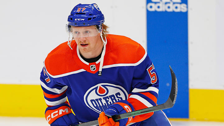 Edmonton Oilers forward James Hamblin (57) skates against the Anaheim Ducks at Rogers Place. Mandatory Credit: Perry Nelson-Imagn Images