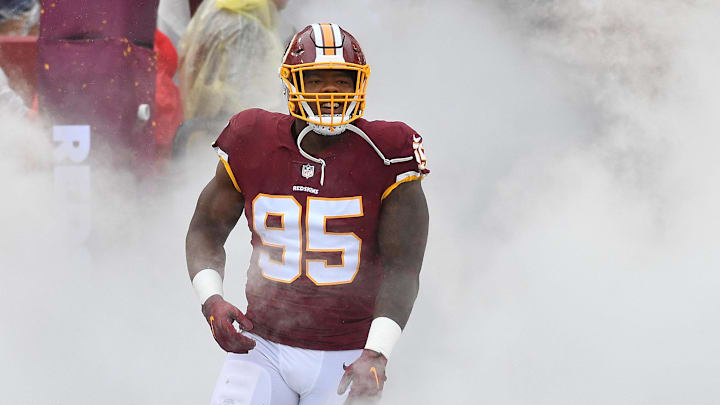 Sep 23, 2018; Landover, MD, USA; Washington Redskins defensive tackle Da'Ron Payne (95) takes the field before the game against the Green Bay Packers at FedEx Field. Mandatory Credit: Brad Mills-Imagn Images Sep 23, 2018; Landover, MD, USA; Washington Redskins defensive tackle Da'Ron Payne (95) takes the field before the game against the Green Bay Packers at FedEx Field. Mandatory Credit: Brad Mills-Imagn Images